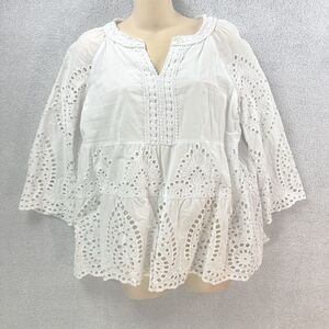 John Mark White Ruffle Eyelet Blouse Womens Medium Top Cottagecore Coastal Boho